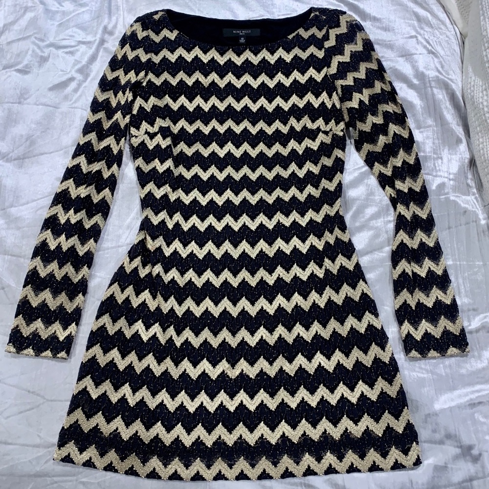 Nine West gold and black chevron print dress.